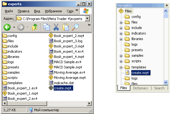 Fig. 28. Displaying a created file of an Expert Advisor in the file system and navigator window.