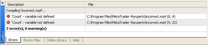 Fig. 36. Error message during incorrect.mq4 program compilation.